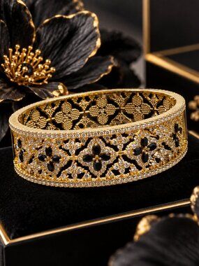 Gold Tone Black Clear Rhinestone Floral Wide Hinged Cuff Bangle Bracelet party